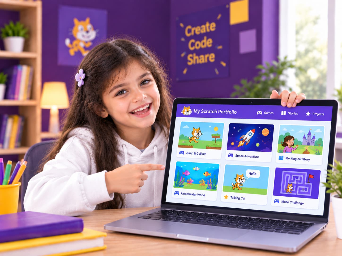 A child's finished games, stories, and project screenshots
